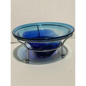 MCM Blue Ombre Hand Blown Glass Console Bowl With Silver Stand 1950s
